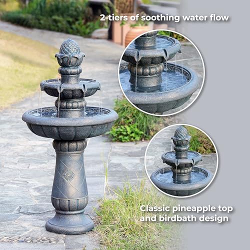 Deluxe Pineapple Pedestal 2 Tiered Floor Waterfall Fountain with Pump for Outdoor Patio Garden Backyard Decking