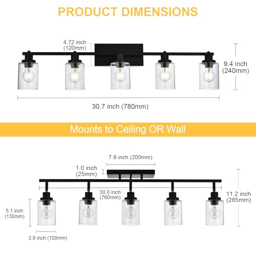 5 Light Black Track Lighting Kit Ceiling Mount Kitchen Track Lighting Fixtures (Black / 5-Light)