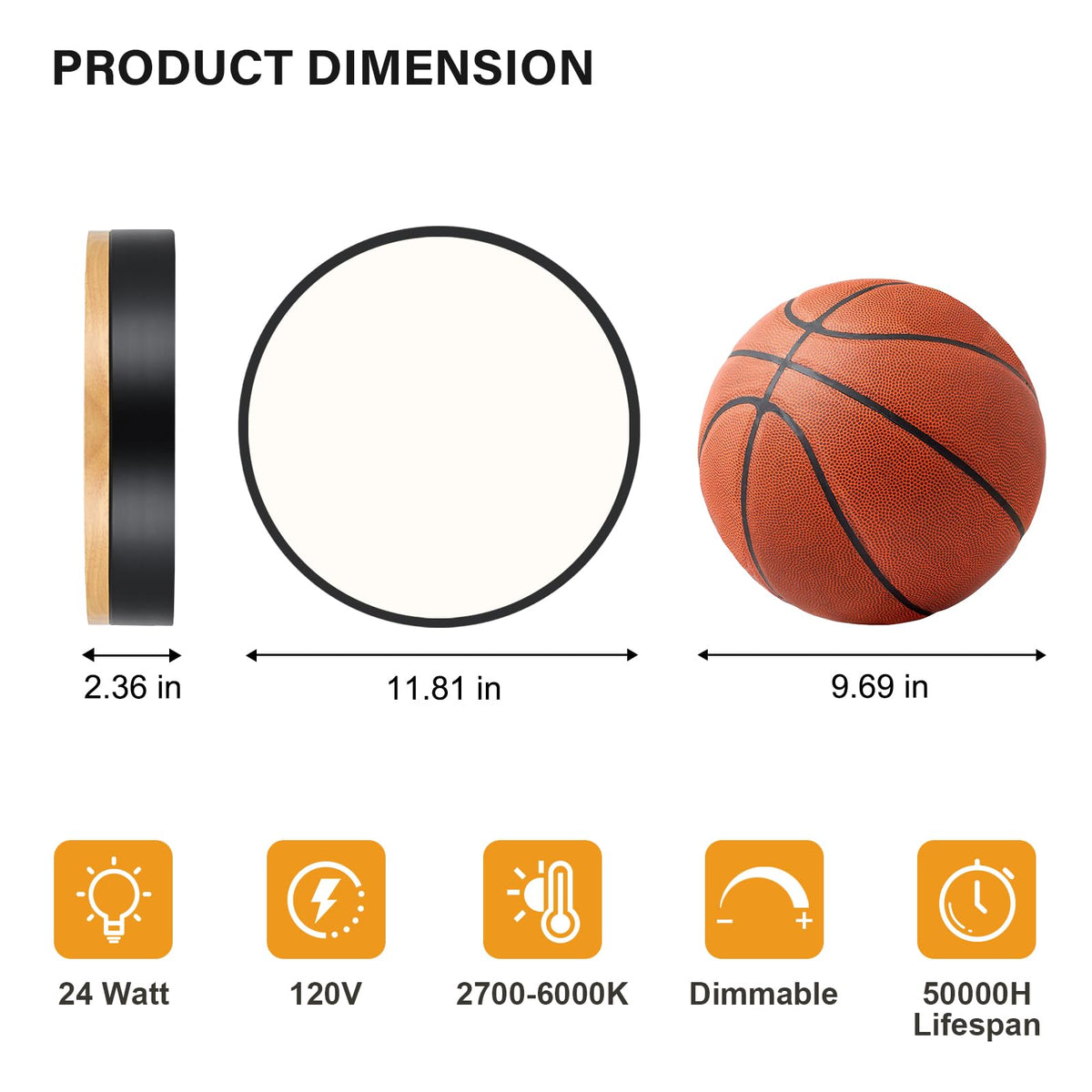 Dimmable LED Wood Black Round Flush Mount Ceiling Light 11.81 Inch (Black- Dimmable / 11.81 Inch)