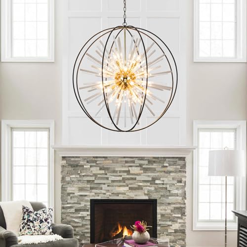 Modern Large Black and Gold Crystal Chandelier for Entryway High Ceiling (Black &Gold / Globe D35")