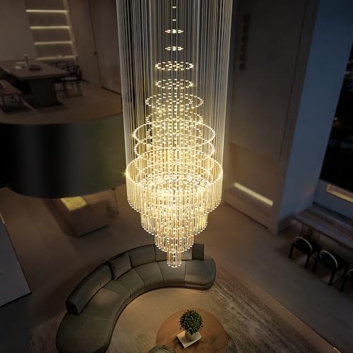 D32''X H110'' High Ceiling Chandelier Crystal Raindrop Chandeliers Staircase Large Chandelier Villa Entrance Foyer Ceiling Light High Ceiling Pendant Light Fixture (Silver / D32"X H110")
