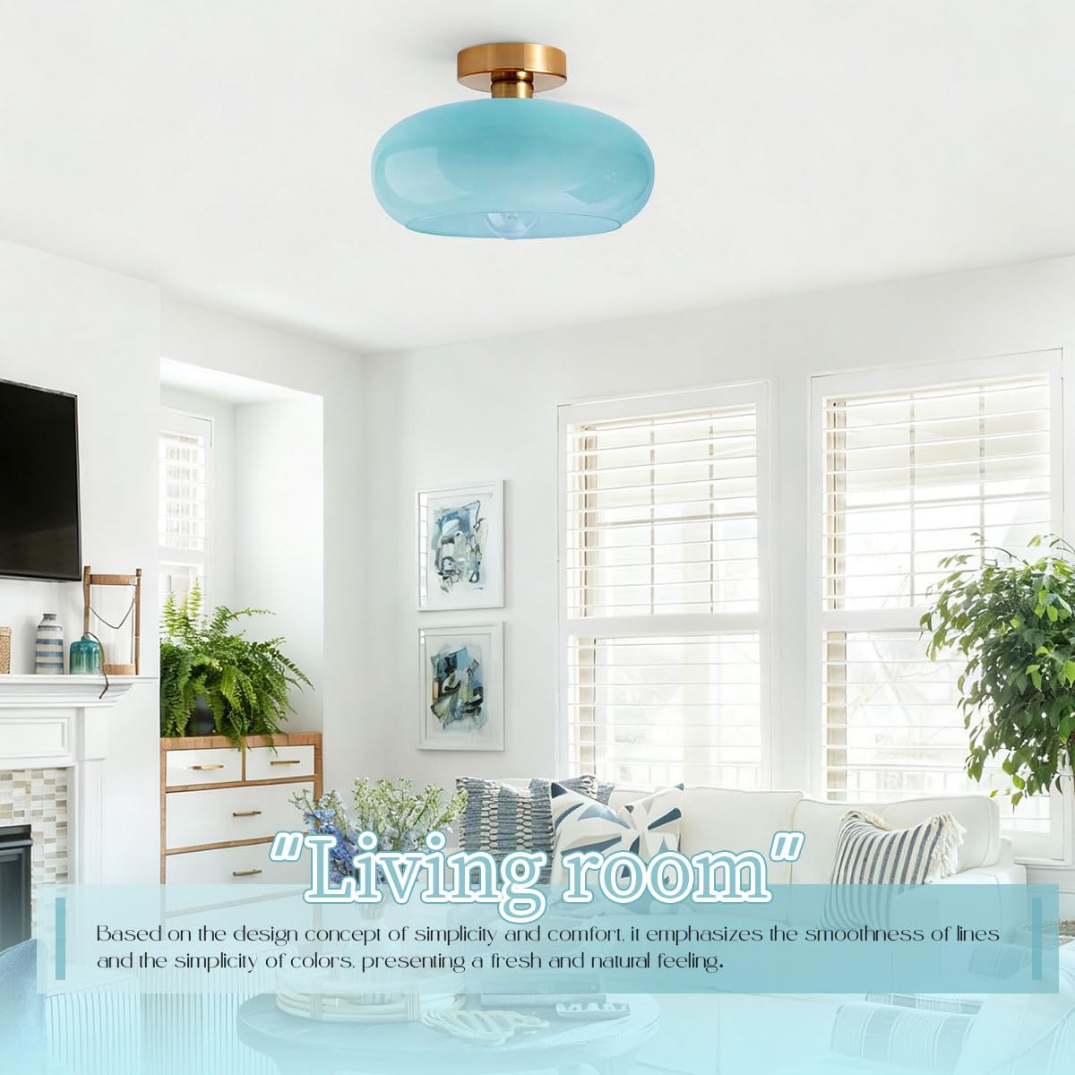 Blue Close to Ceiling Light Fixtures Vintage Flush Mount Ceiling Lights 11" Round Dome Thickened Glass Shade Gold Mid Century Semi Flush Mount Light Hallway Entrance Lighting Fixture (Flush-Blue)