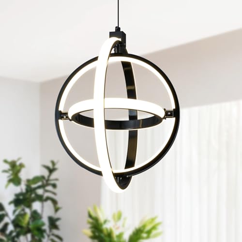 Modern LED Pendant Light Black Pendant Lights 4000K Dimmable External Glow Height Adjustable Pendant Lighting for Kitchen Island Dining Room Bedroom Living Room Foyer（3 (PlatedBlack / Round-3 Ring External Glow)