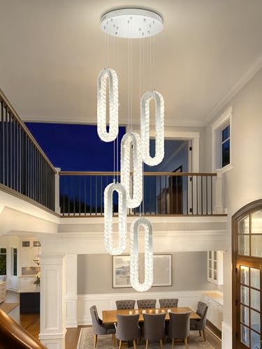 Modern LED Chandelier 5 Ring LED Pendant Light Adjustable Height Hanging Chandelier for Staircase Foyer (Silver / 5 Rings (New))