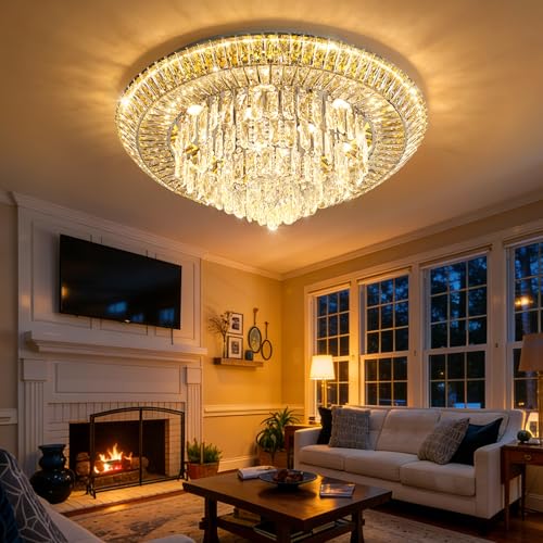 Modern Silver Crystal Chandelier LED Ceiling Light Fixture Raindrop Chandeliers Dimmable Lighting for Living Room Dining Room Entryway Bedroom (Silver / W32")