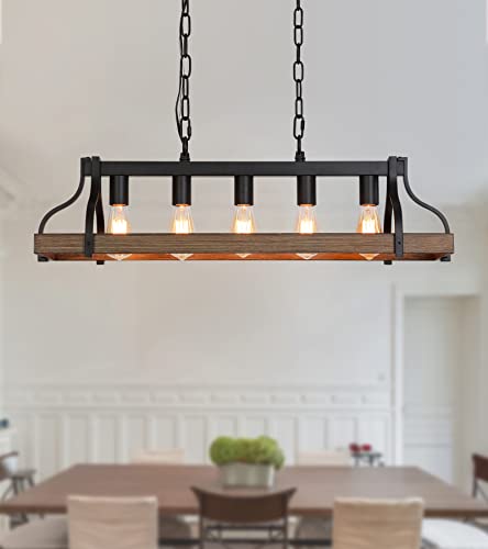 Rustic Kitchen Island Dining Room Light Fixture Farmhouse Linear Chandelier Black and Retro Wood Finish 5 (5-Light retro wood)