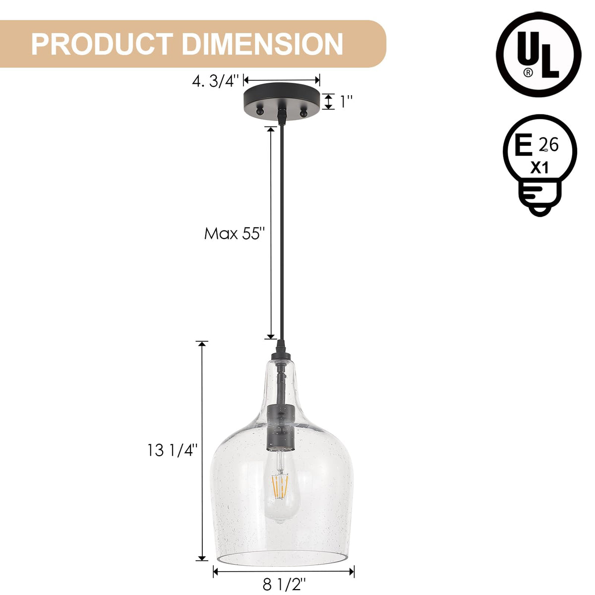 Seeded Glass Pendant Light Modern Black 1 Light Single Dome Pendent Lighting Fixtures for Kitchen Island Dining Room Hallway (Black-Seeded)
