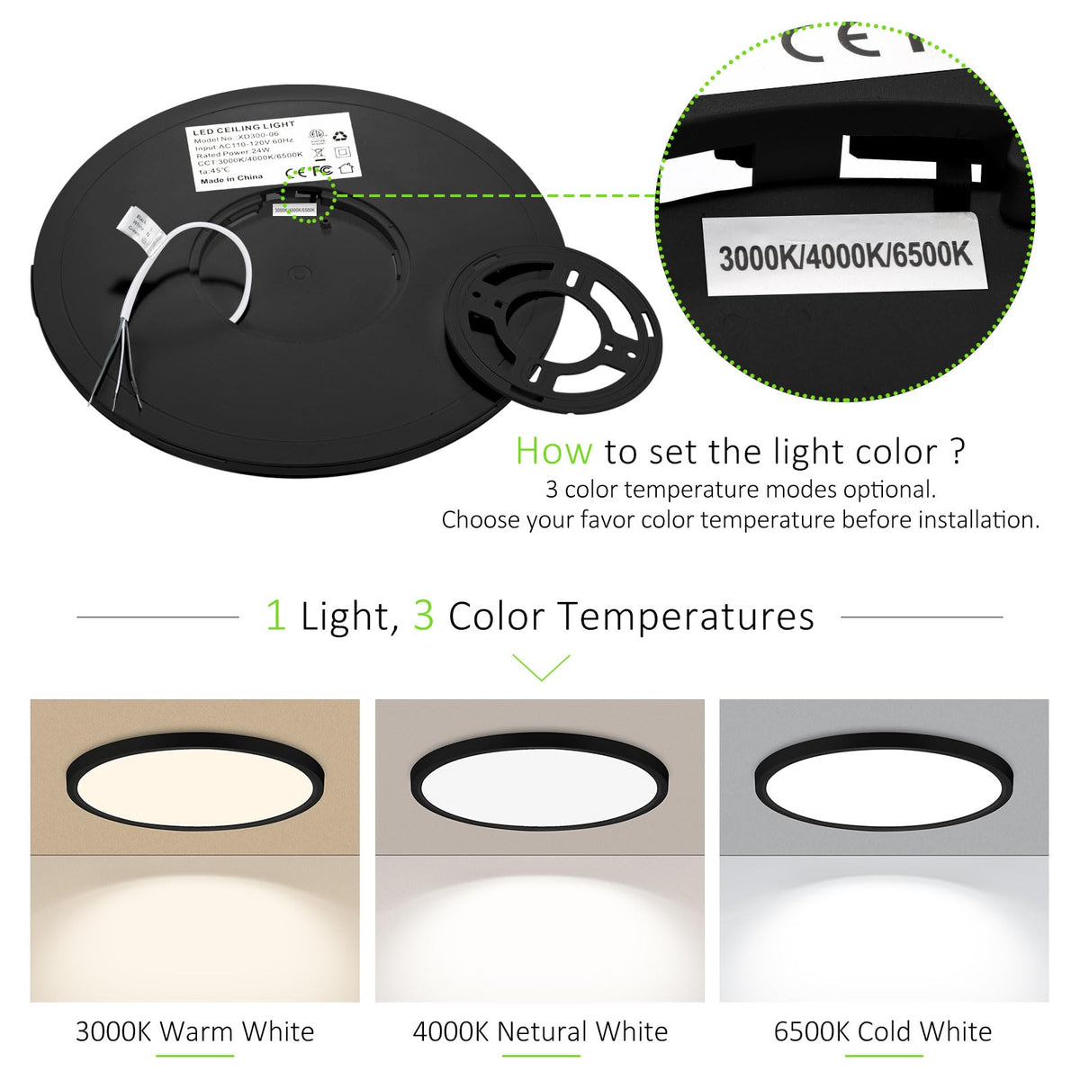 LED Flush Mount Ceiling Light 12in Thin 3CCT Black Wired (12Inch-1 Pack / Black)