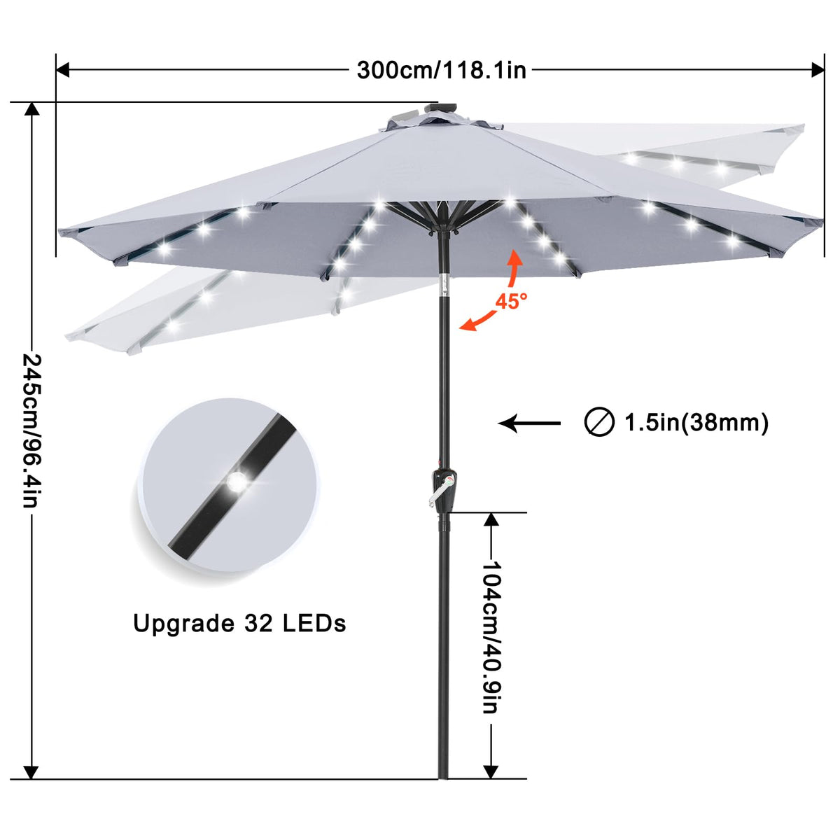 Solar Led Patio Umbrella with 32 Lights 10FT (LED Umbrella / 10ft / Gray)