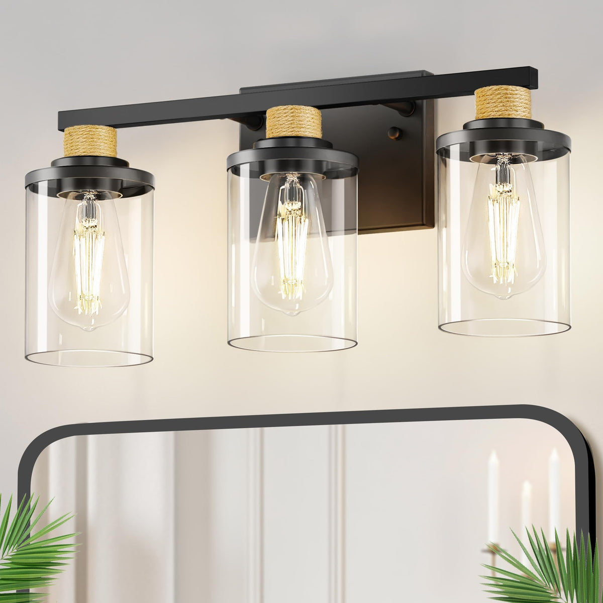 Bathroom Vanity Light Fixture Over Mirror 17 Inch Black Rope (Black & Rope / 3-Light (17inch))