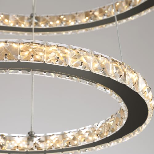 Modern Crystal Chandelier 6 Rings High Ceiling Chandeliers Dimmable LED Lighting Fixtures with Remote for Living Room Dining Room Foyer Black (Black / 6-Ring 47")
