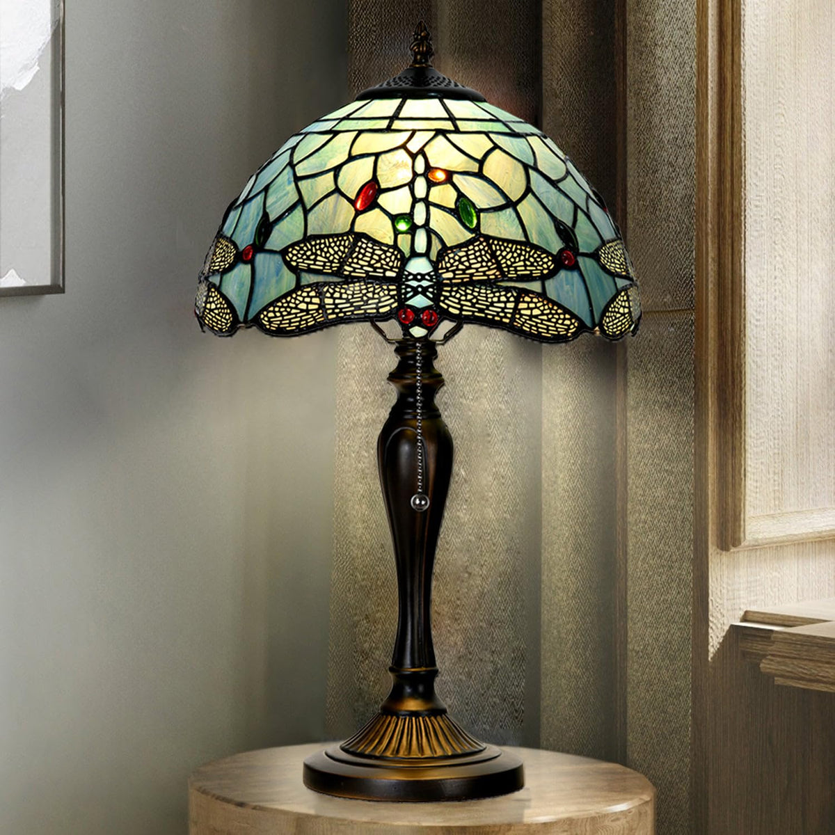 TL0023 Tiffany Style Dragonfly Table Lamp Stained Glass Blue Shade Reading Desk Light 12 X 20 Inches for Bedroom Living Room Home Office (Blue Dragonfly)