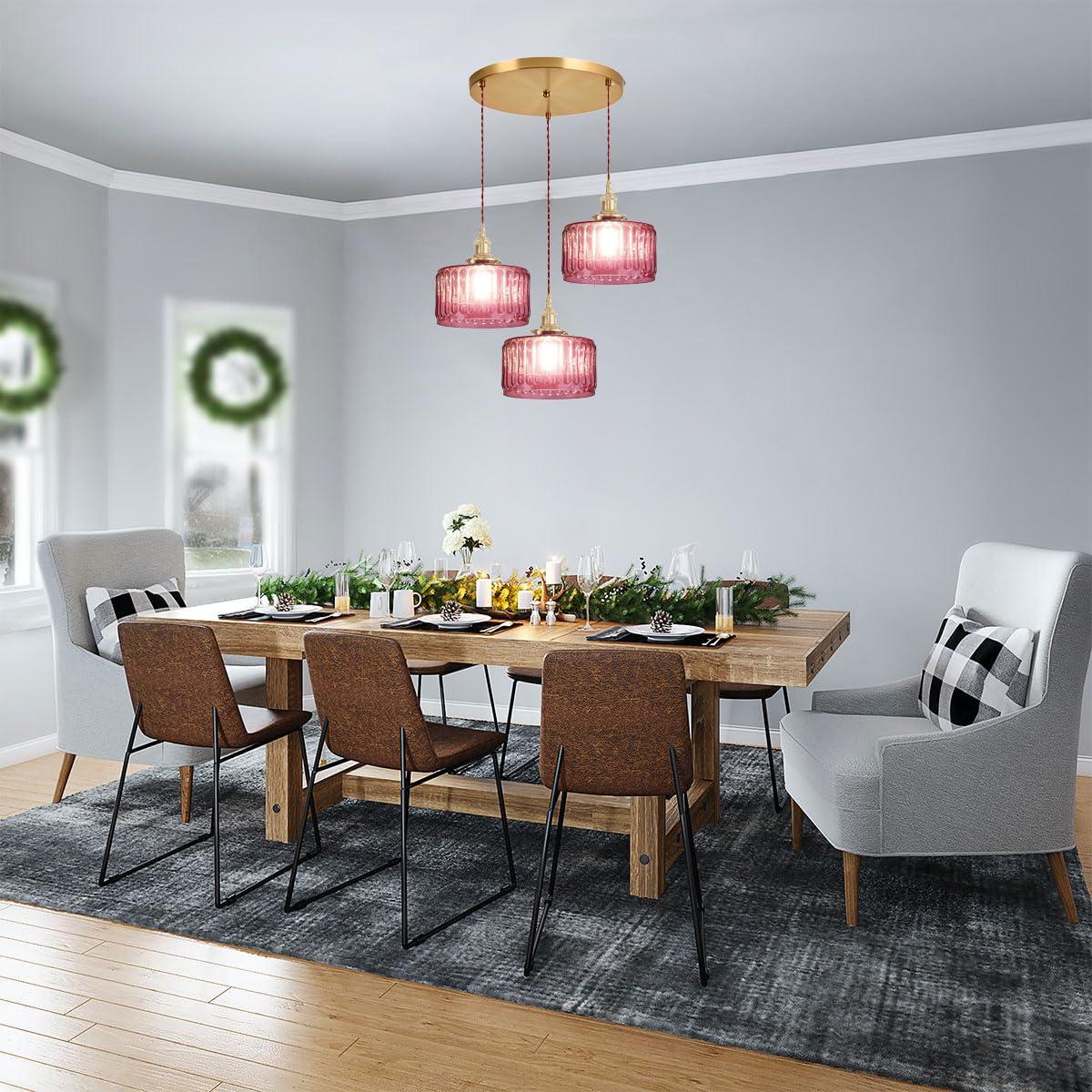 Gold Cluster Chandelier Globe Glass Ceiling Pendant Lights Pink Hanging Pendant Light Brushed Brass Dining Room Chandeliers Mid Century Modern Hanging Light Kitchen Adjustable Cord (Pink-Hardwired-3-Light-Cluster)
