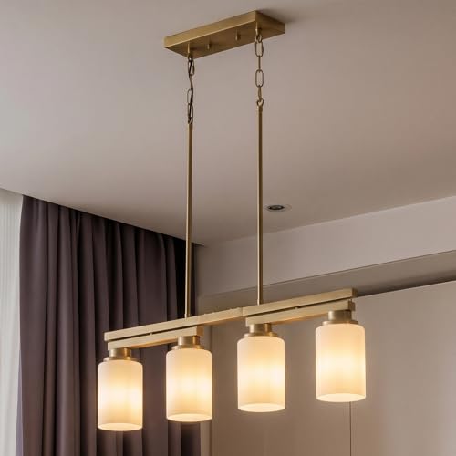 4 Light Brushed Gold Linear Chandelier (Gold+Milk Glass / 4 Light)