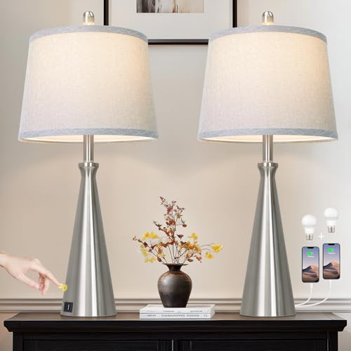 28" Silver Touch Table Lamps Set of 2 with USB A+C Ports (B Silver)