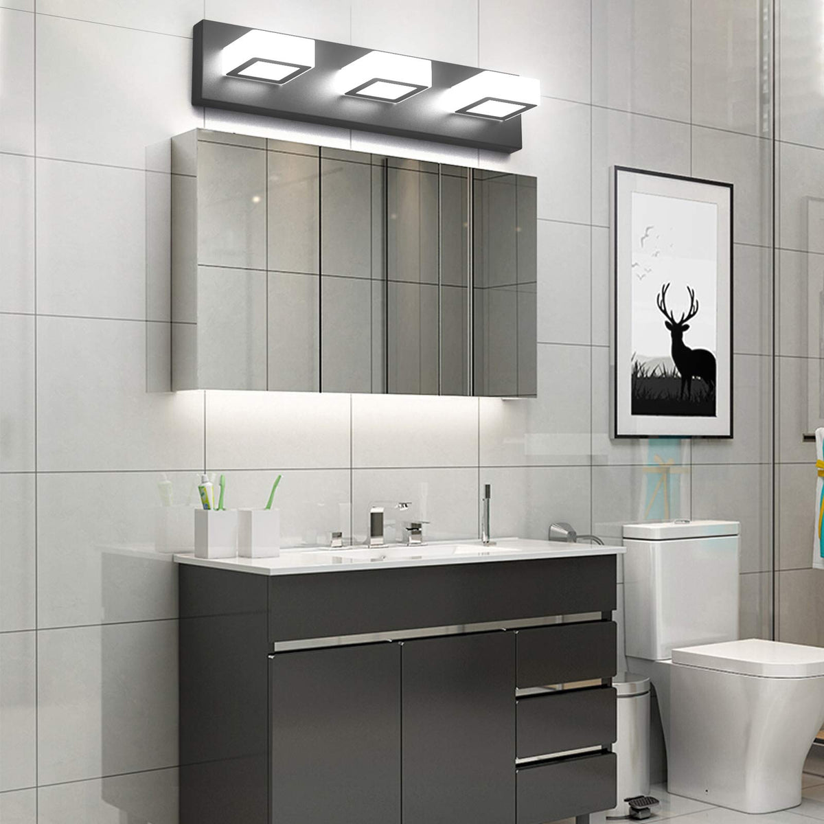 3 Light Dimmable Bathroom Vanity Light LED Modern Matte Black Vanity Wall Light Acrylic Stainless Steel Bathroom Vanity Lighting Fixtures (Black-Dimmable / 20 inch)