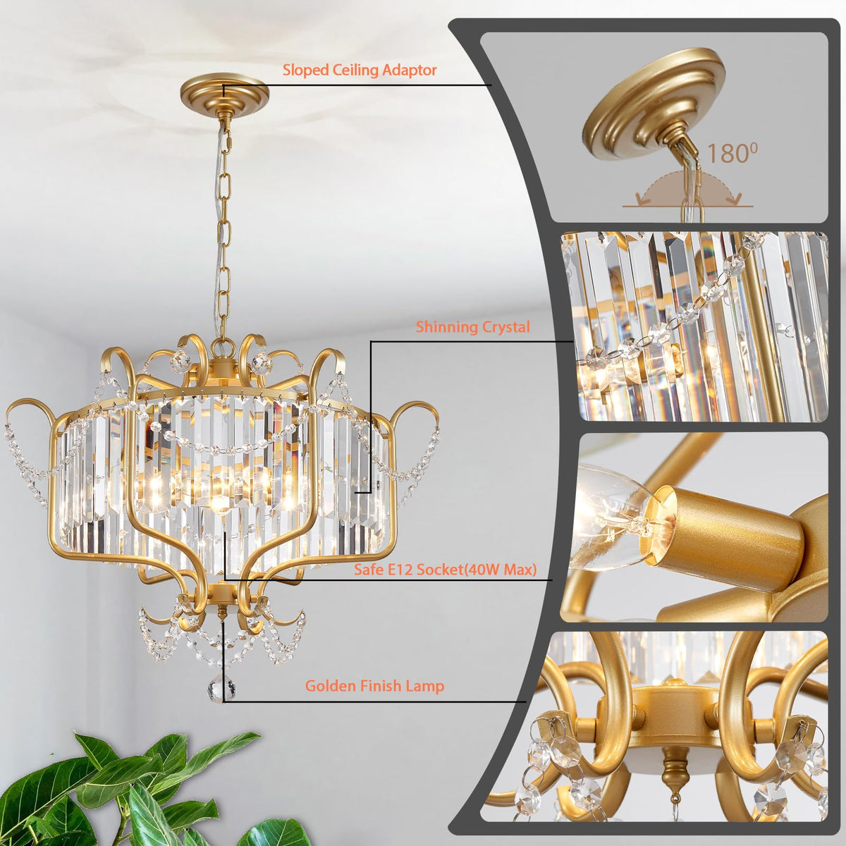 Modern Crystal Chandelier for Dining Room 24" Large Gold 6