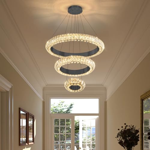 23.6" 3 Ring Crystal Chandelier Modern LED Dimmable Ring Pendant Light Round Chandelier for Dining Room Living Room Black (Black / 3 Ring Round 24")