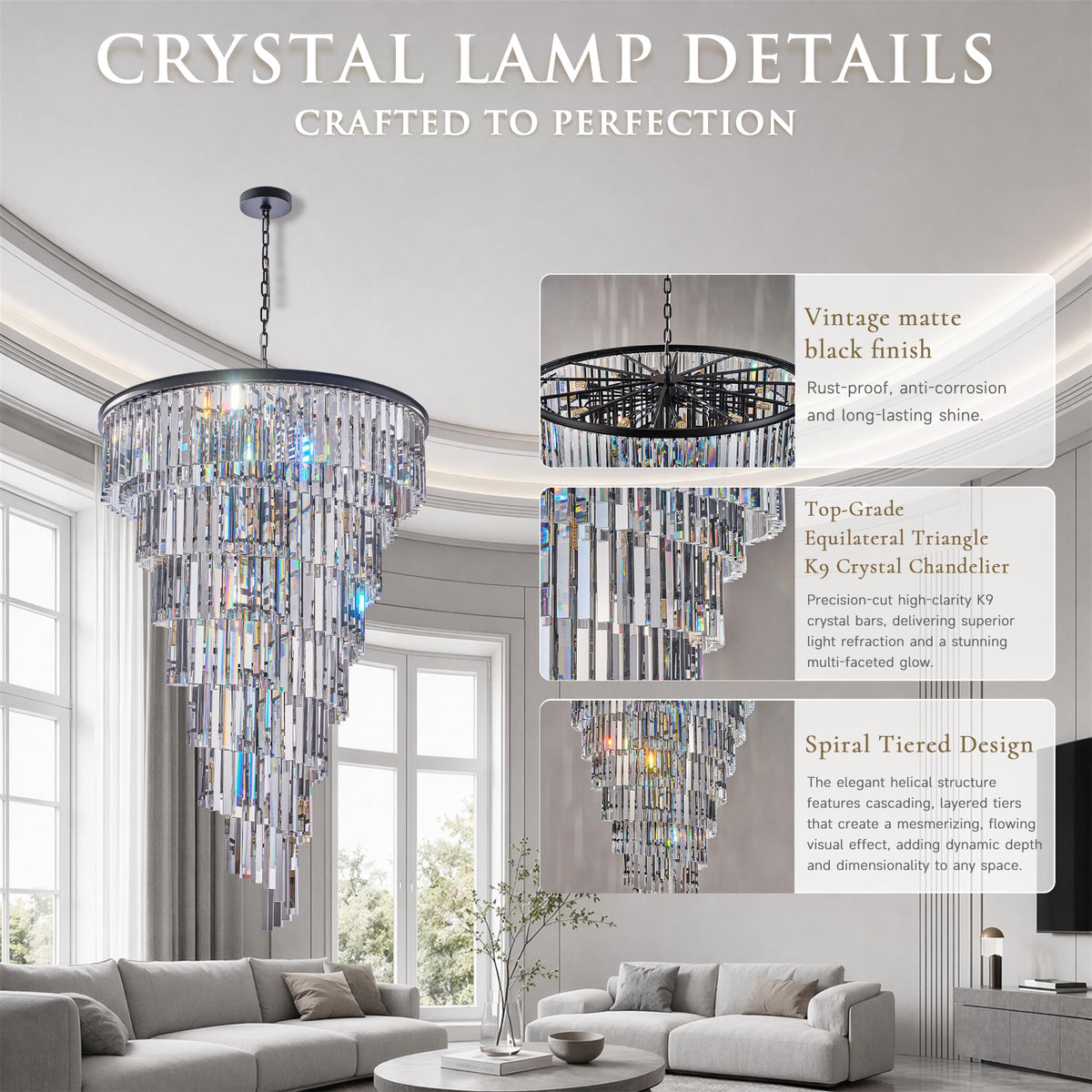 36'' Spiral Crystal Chandelier Black Modern Light Fixture (36''(Black))