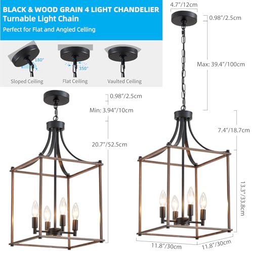 Modern Farmhouse Chandeliers for Dining Room (Lantern-Black Wood Grain)