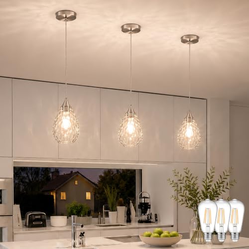 Nickel Glass Pendant Lights Kitchen Island 6.3" Pendant Light Hammered Clear Glass 3 Pack Height Adjustable Modern Hanging Pendant Lights for Dining Room Bedroom Hallway Sink Bulbs Incl (Nickel, 3 PK / 6.3 Inch)