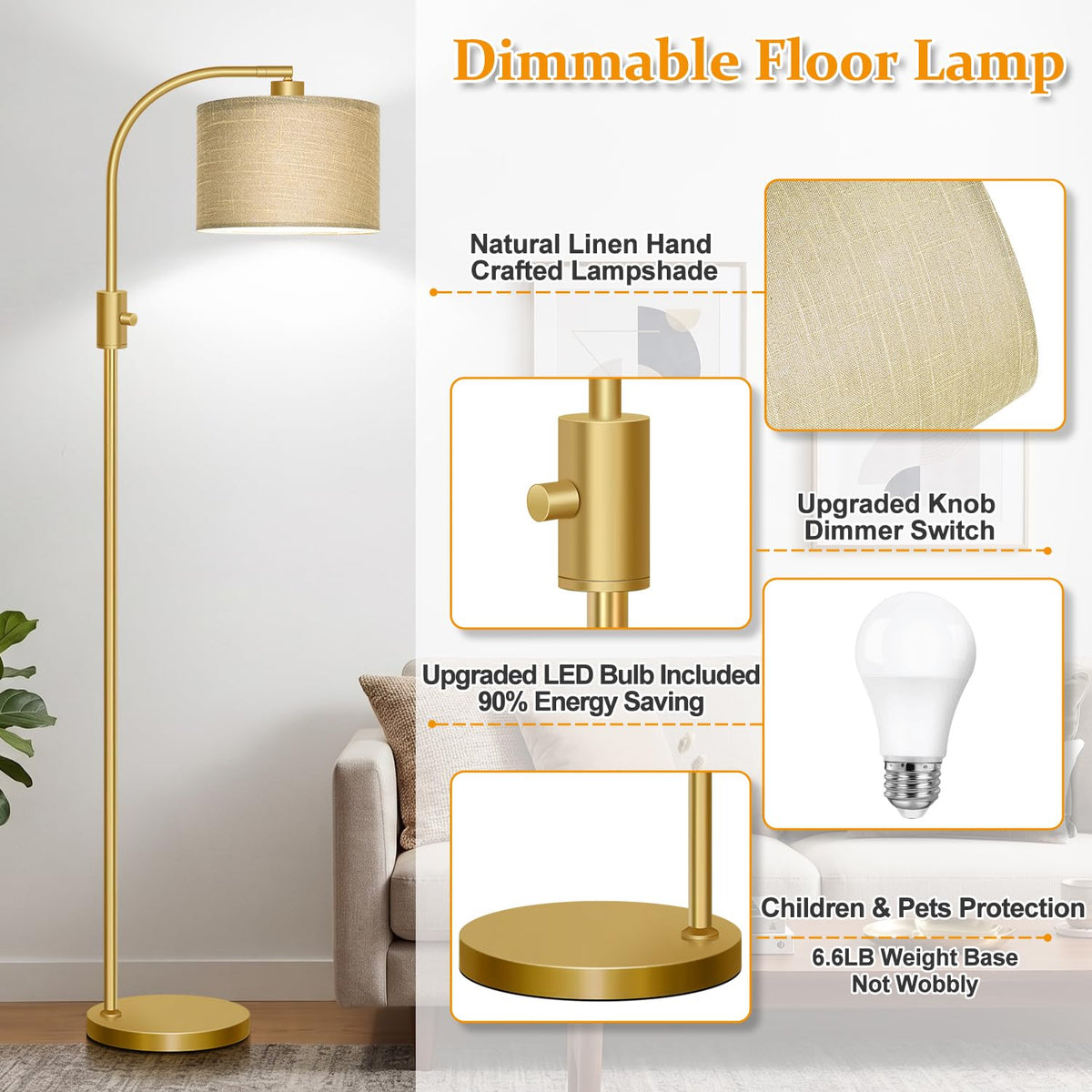 Dimmable Gold Floor Lamp (Gold-Champagne Linen Shade)