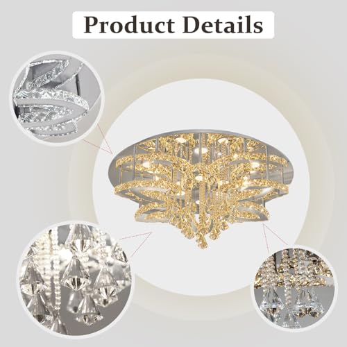 Modern Crystal Chandelier Crystal Flush Mount LED Ceiling Light Fixture for Living Room Foyer Dining Room Hallway Dimmable 2700k 4500k 6000k