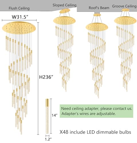20 Foot 48 Light Gold High LED Dimmable Chandeliers Ceiling Pendant Light Fixtures Remote Control Light Fixtures Crystal Raindrop Fixtures Living Room Staircase Entrances (48 lights / Gold)