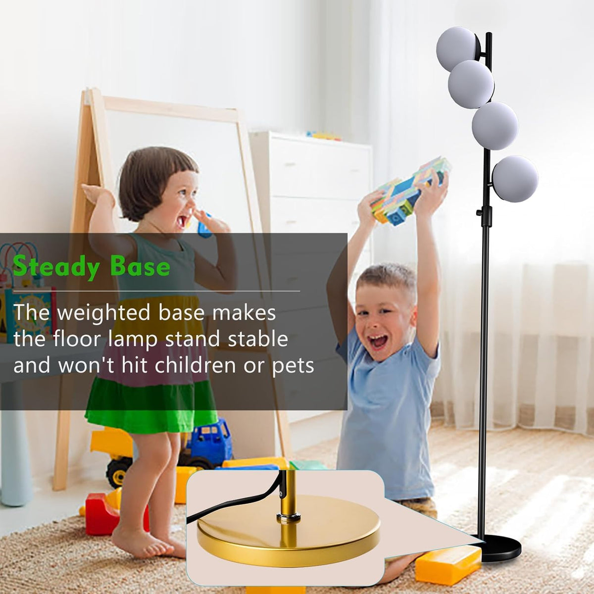 Black Globe Floor Lamp Dimmable 64IN Tall Standing Lamps with Soft Warm White Eye Care 3000K G9 Bulbs (Black-4)
