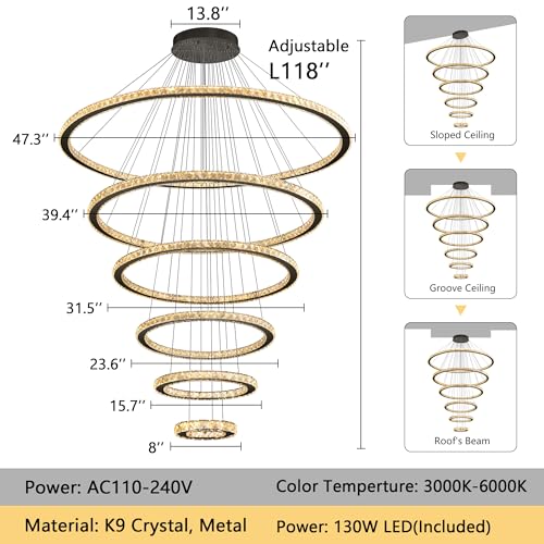 Modern Crystal Chandelier 6 Rings High Ceiling Chandeliers Dimmable LED Lighting Fixtures with Remote for Living Room Dining Room Foyer Black (Black / 6-Ring 47")