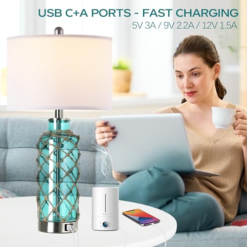 Cottage Nautical Accent Table Lamp Set of 2 (Blue(Fast Charging))