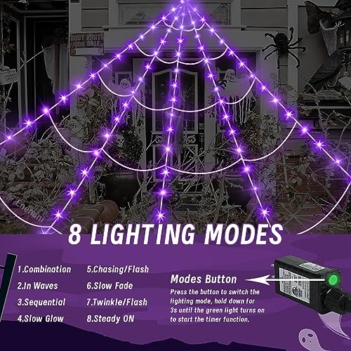 Spider Web Lights Halloween Decorations Outdoor 16.4FT Giant Spiderweb Lighted Decor 135 Purple LED Light Up Outside House Yard Garden Porch Tree Party Large Huge Big Fake Triangular Cobweb Decorative (White web, Purple lights)