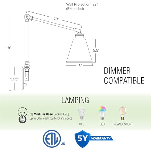 Ellis 18" Modern Swing Arm Wall Sconce for Bedroom (Warm Brass / 18")