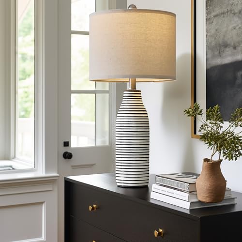25" Ceramic Table Lamps Set of 2 Beside Lamps for Living Room Modern Bedroom Lamps for Night Stands with Rotary Switch Black and White Stripes (25" White&Black)