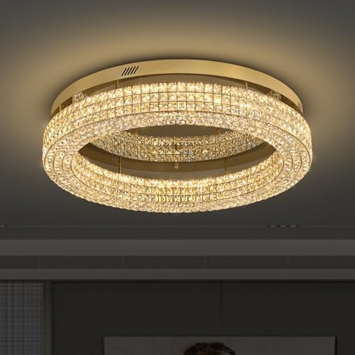 32'' Modern Chandeliers for Living Room Crystal Chandelier Flush Mount Ceiling Light Fixture for Dining Room Living Room Bedroom Dimmable 2700 (Gold / Dia 32inch)