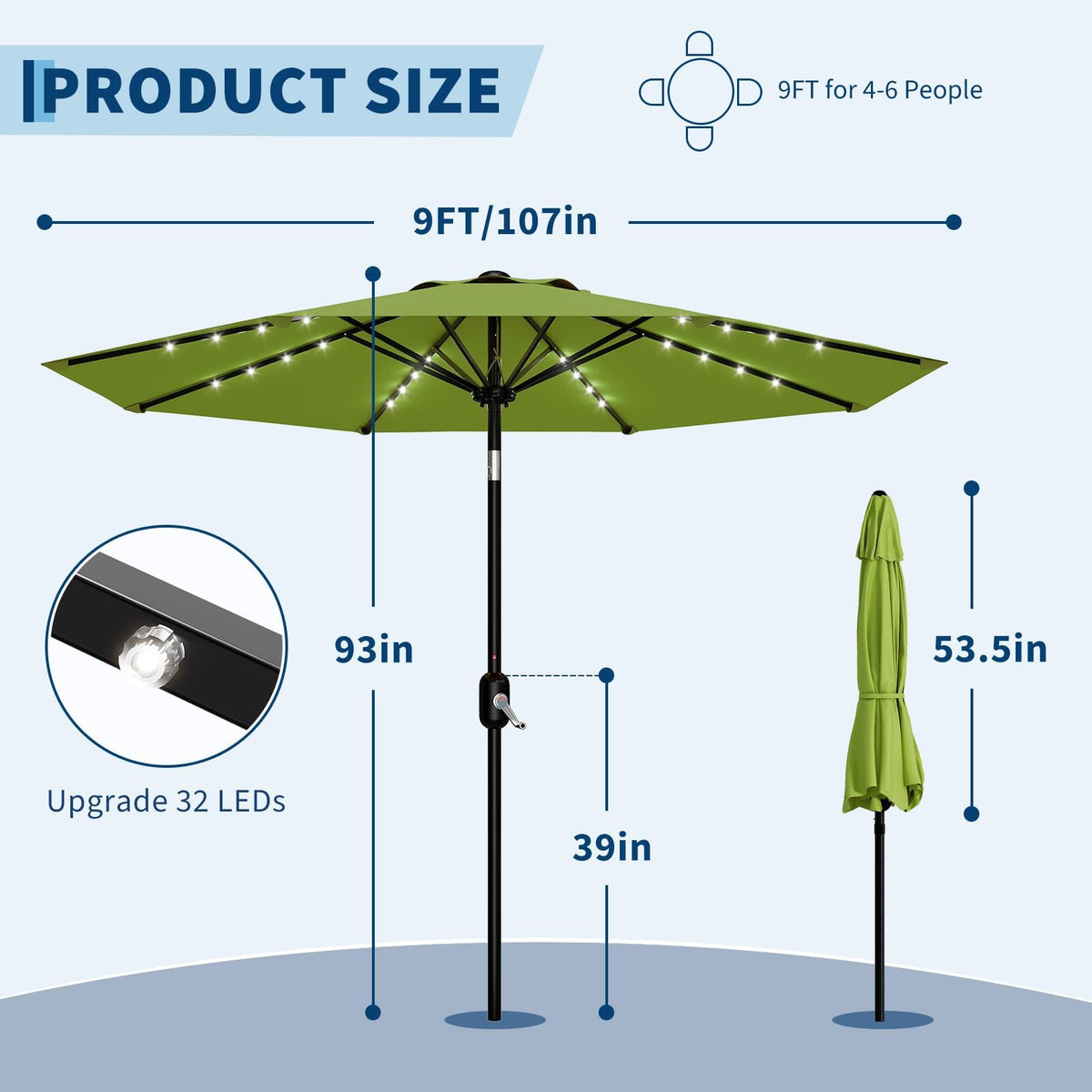 9FT Solar LED Patio Umbrella with Tilt & Crank (Grass Green / 9FT)
