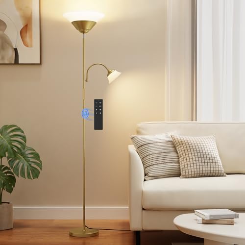 2-in-1 Torchiere Floor Lamp, 34W Super Bright LED Standing Lamp with Remote & Touch Control, 72" Dimmable Adjustable Corner Reading Lamp for Living Room, Bedroom, Office, Gold (Gold)
