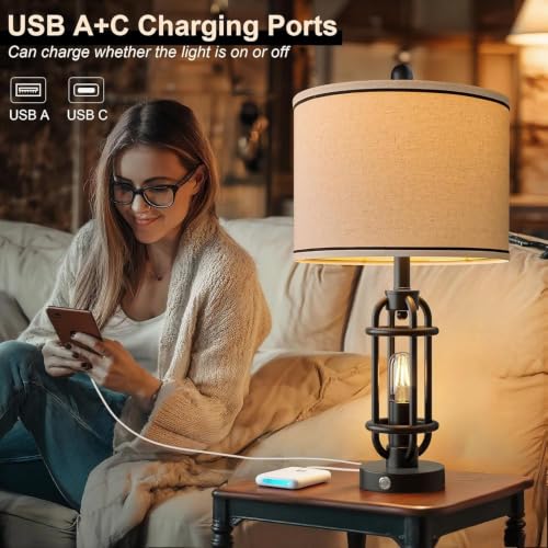 24'' Table Lamps for Living Room Bedroom Set of 2 Industrial Touch Lamp with USB A+C Ports (24'' Black - Set of 2)