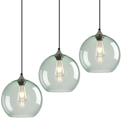 Light Green Seeded Glass Pendant Lights Kitchen Island 3 Pack (Light Green / L - 9.84 in)