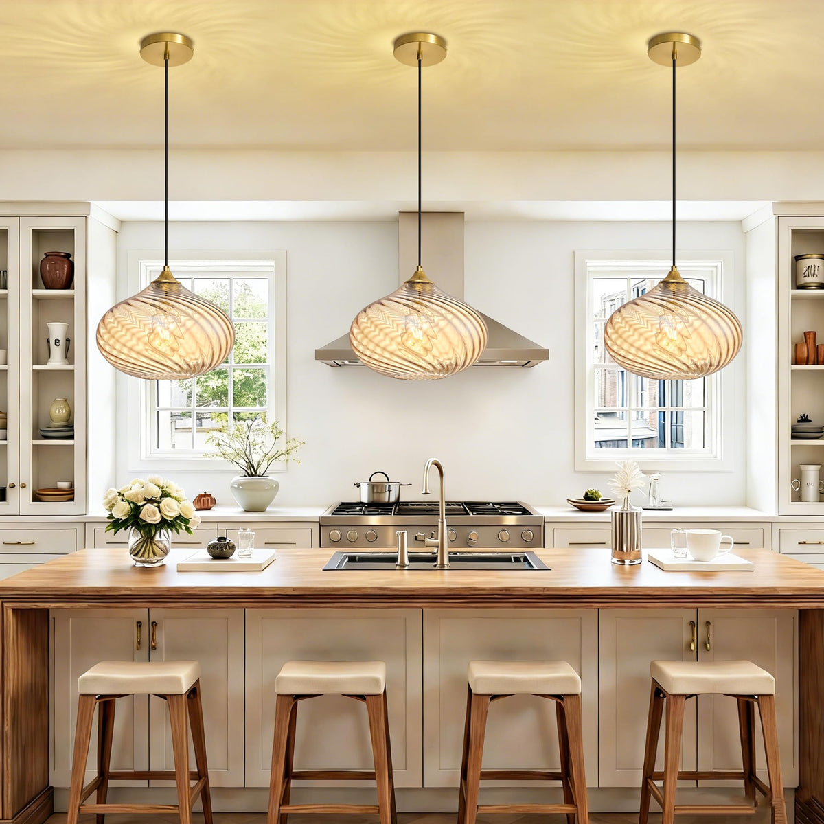 11in Gold Pendant Lights Kitchen Island with Amber Glass Shade 1Pack (Gold-Striped Amber Glass)
