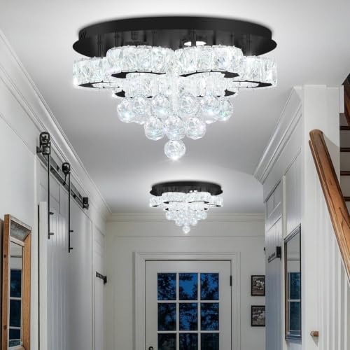 16" Small Crystal Chandelier LED Ceiling Light Fixtures Stainless Steel Flush Mount Ceiling Chandeliers Light for Bedroom (Black / 16inch)