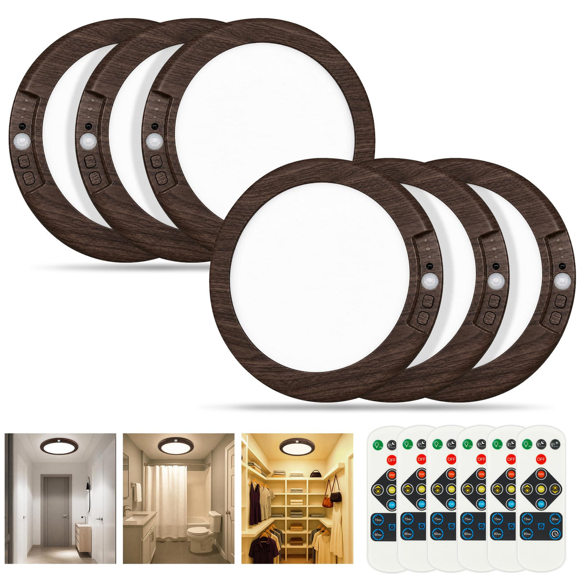 Wireless Rechargeable Ceiling Light with Remote (Dark Wood / 6 Packs)