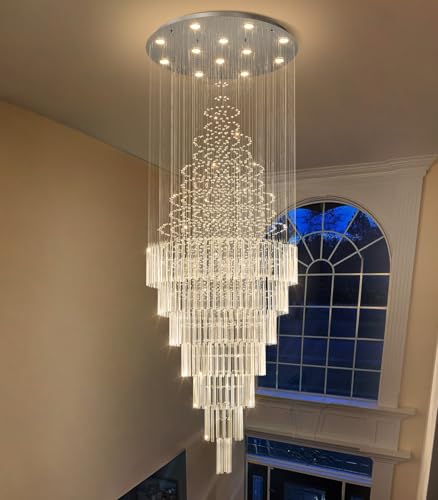 W32 x H120 Glam Chandelier with LED Bulbs Crystal Raindrop High Ceiling Pendant Light for Entrance Large Villa Chandelier Foyer Lighting Fixtures Silver (Silver / Round W32" X H118")