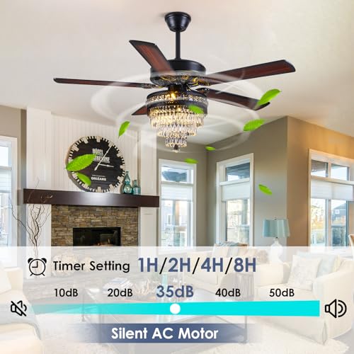 52"Black Crystal Chandelier Ceiling Fans with Lights and Remote Control (Black-52IN)