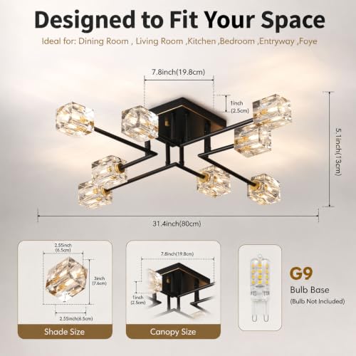 8 Light Crystal Semi Flush Mount Ceiling Light (Black+Gold (8-light))