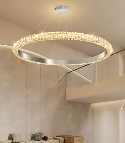 40" 1 Ring Crystal Chandelier Modern LED Dimmable Ring Pendant Light Chandelier for Dining Room Living Room Silver (Silver / 1 Ring Round 40")