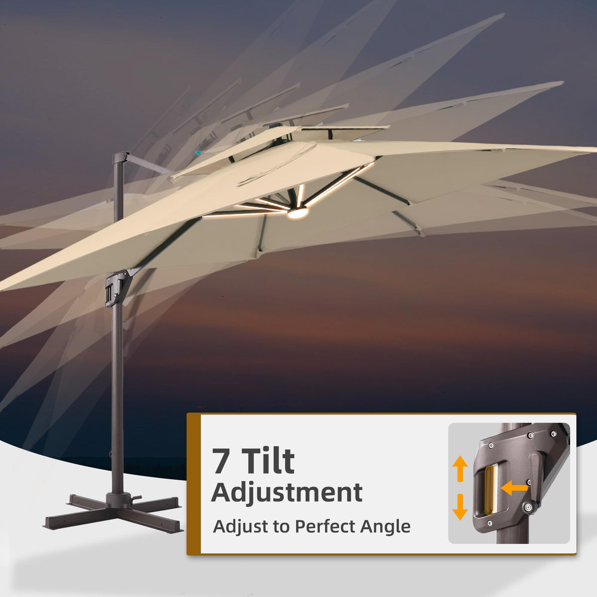 9x12 FT Patio Cantilever Outdoor Offset Umbrella with LED Lights (Beige)