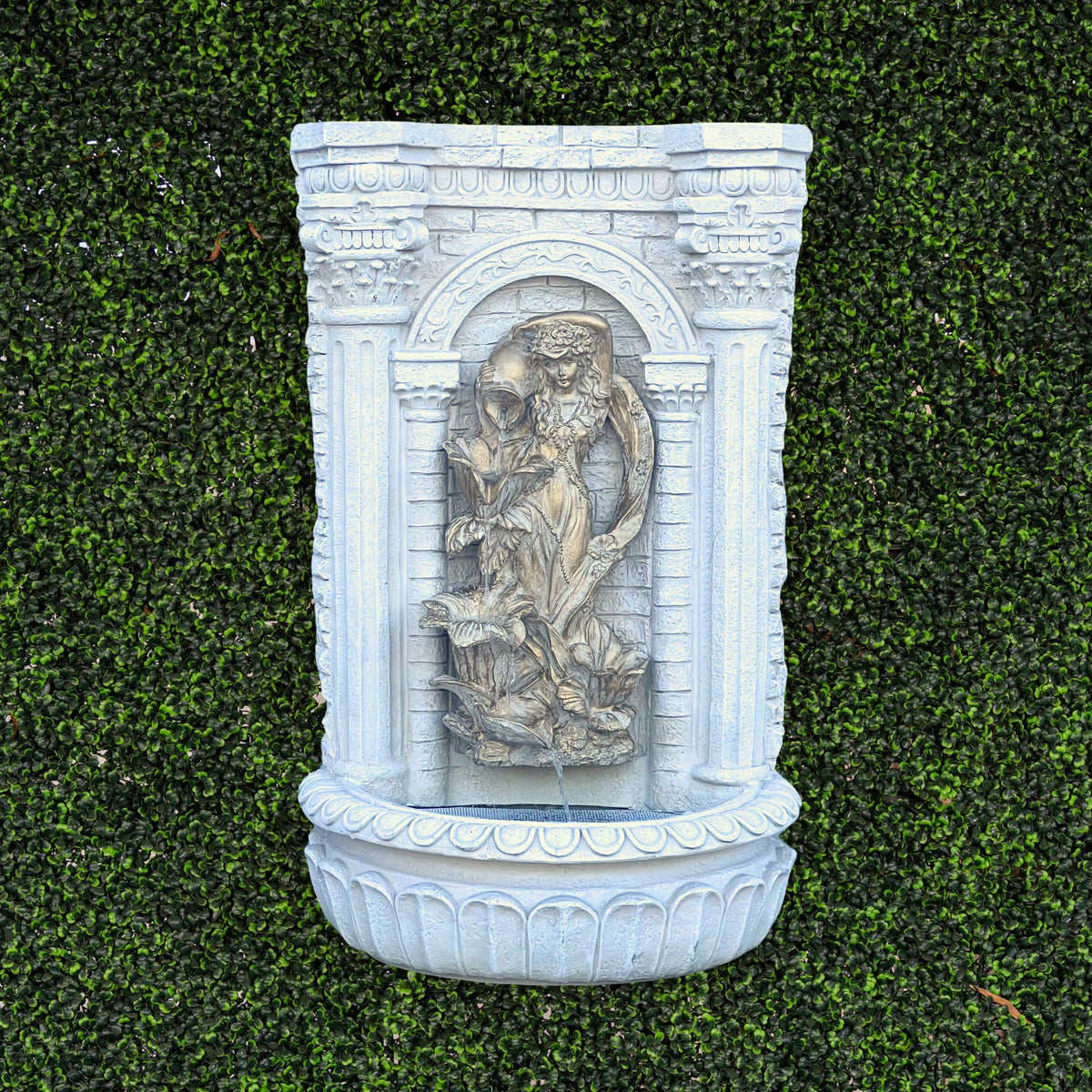 30.3" Solar Powered Wall Fountain with Gold Flower Maiden Statue (Cream White)
