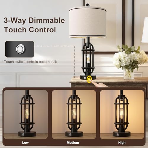 24'' Table Lamps for Living Room Bedroom Set of 2 Industrial Touch Lamp with USB A+C Ports (24'' Black - Set of 2)