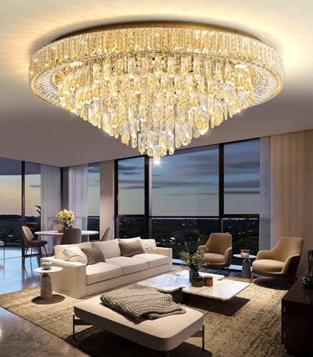 Modern Crystal Large Chandeliers LED Dimmable Flush Mount Ceiling Chandeliers for Living Room High Ceiling Entrance Foyer Bedroom (Gold / 39.3" Width)